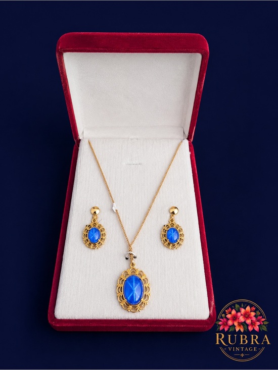 Vintage Jewelry - Vintage Gold Filigree Necklace and Earring Set with Bright Blue Cabochons
